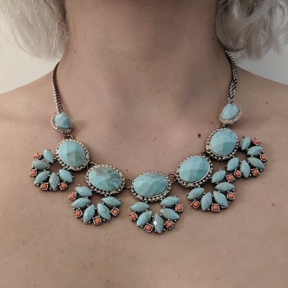 Faux Turquoise Gold Orange Statement Necklace - Picture 7 of 7